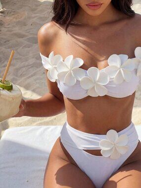White Floral 3D Women's Sexy Beach Party Outfit Bikini Set